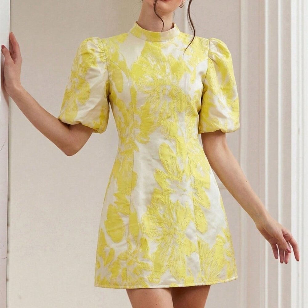 Light Yellow Elegant Women's Fuchsia Jacquet Mini Dress - Picture 3 of 6